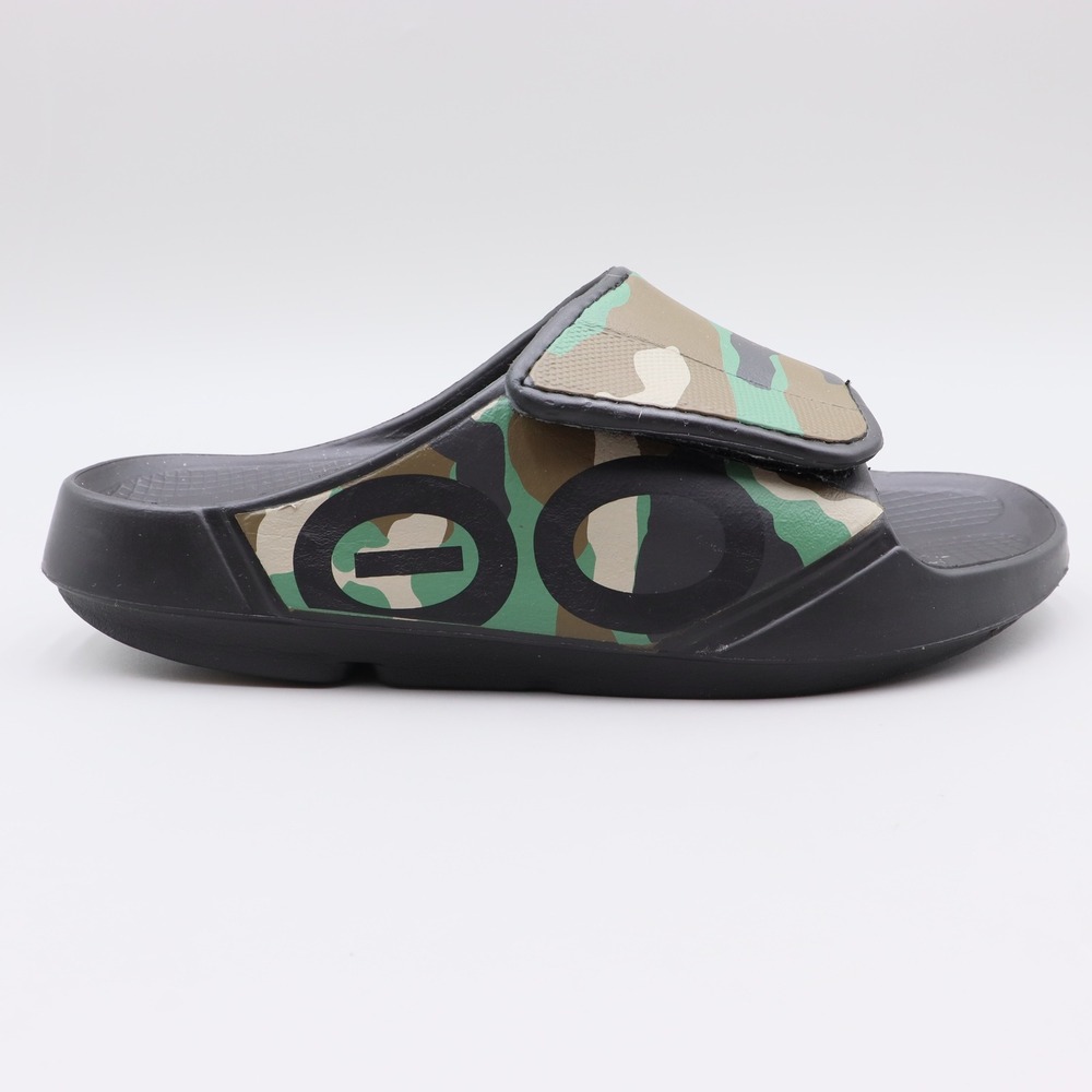 OOFOS OOahh Sport Flex Camo Recovery Slide Sandals Mens 7 Womens 9 Black Green